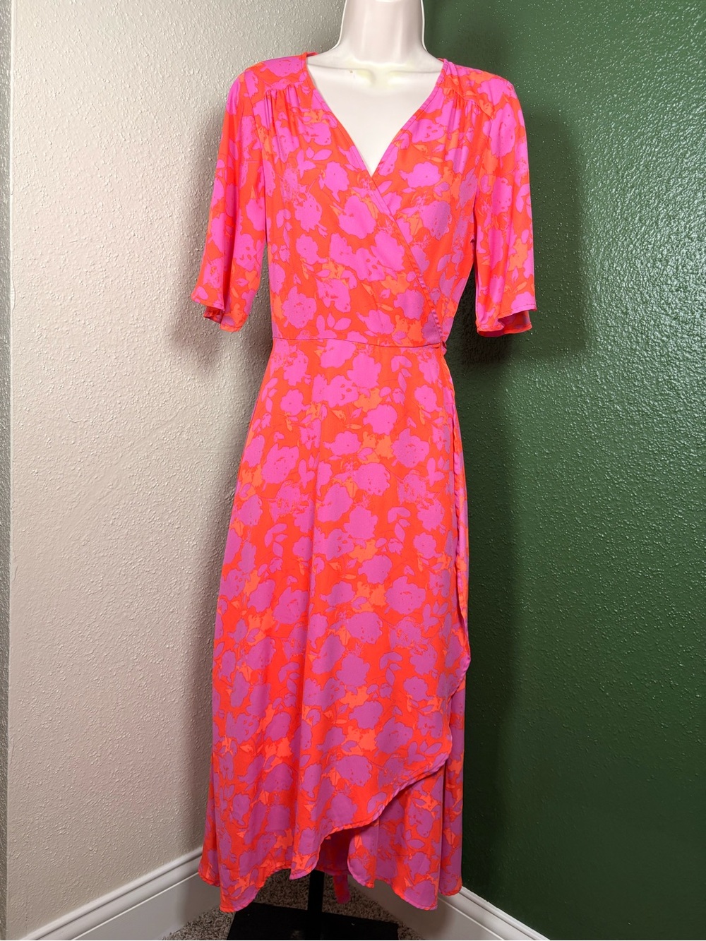 Neon Pink and Orange Floral V Neck Wrap Midi Dress
